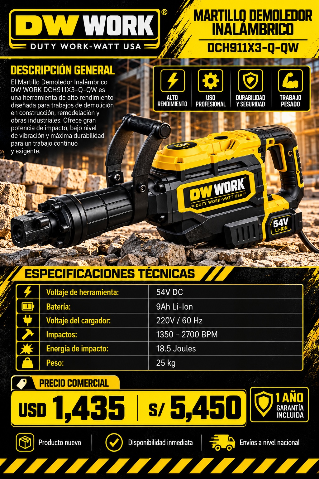 Martillo demoledor inalámbrico DW WORK DCH911X3-Q-QW