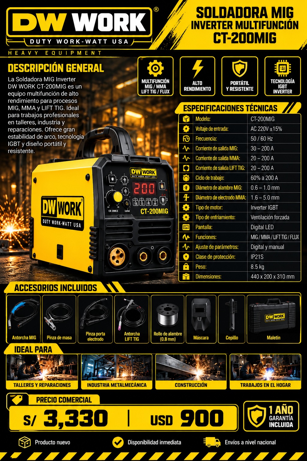 Soldadora inverter DW WORK CT-200MIG